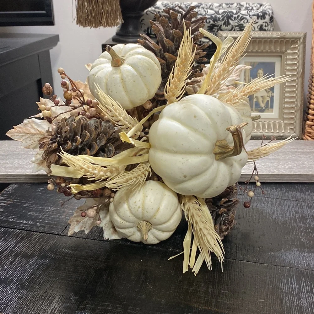 NWT Neutral White Pumpkin and Pinecone Fall Bouquet - Home Accents!